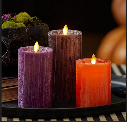 Moving Flame Pillar Candles - Set of 3 - Melted Top Edge, LED Battery Operated Lights